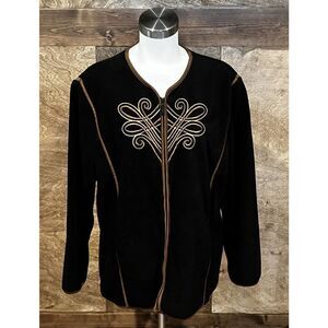 Black Fleece Embroidered Zip Up Jacket Brown Trim Cozy Warm Comfy